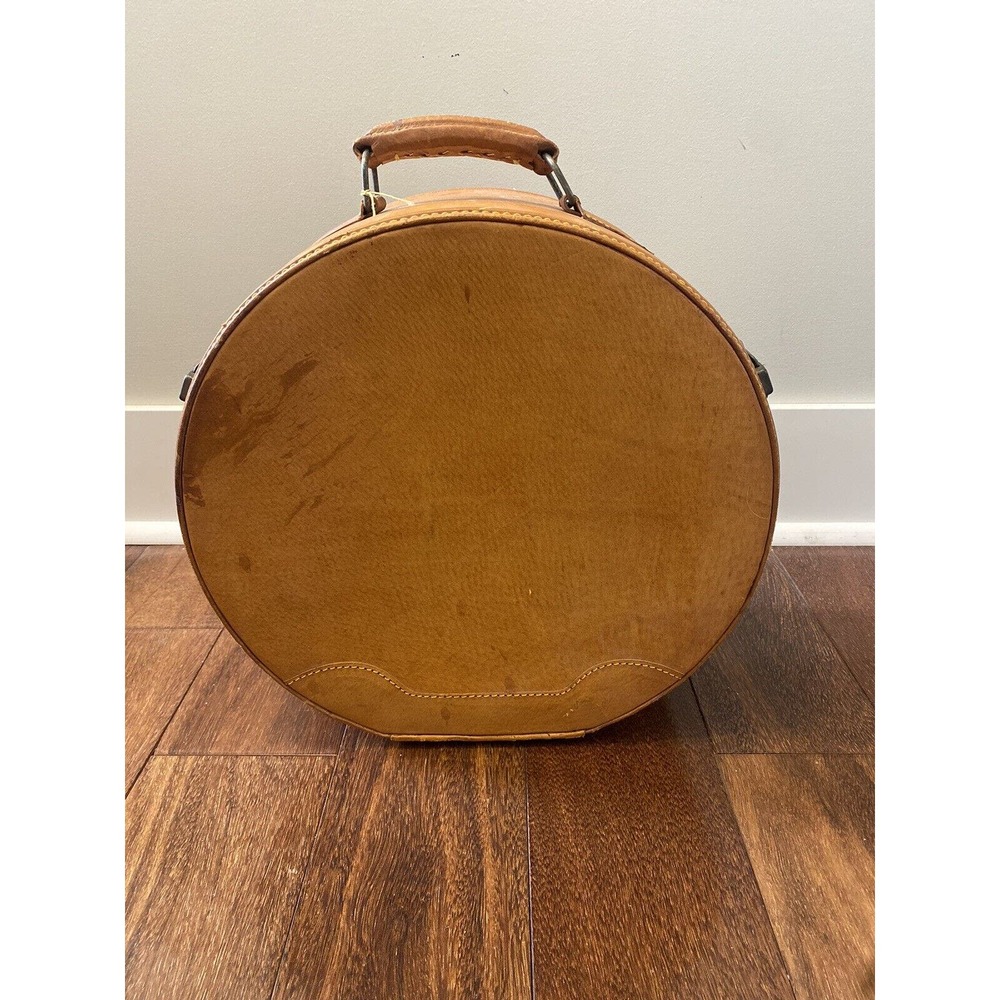 Vintage British Tan Leather Small Round Hat Box Suitcase Travel Case